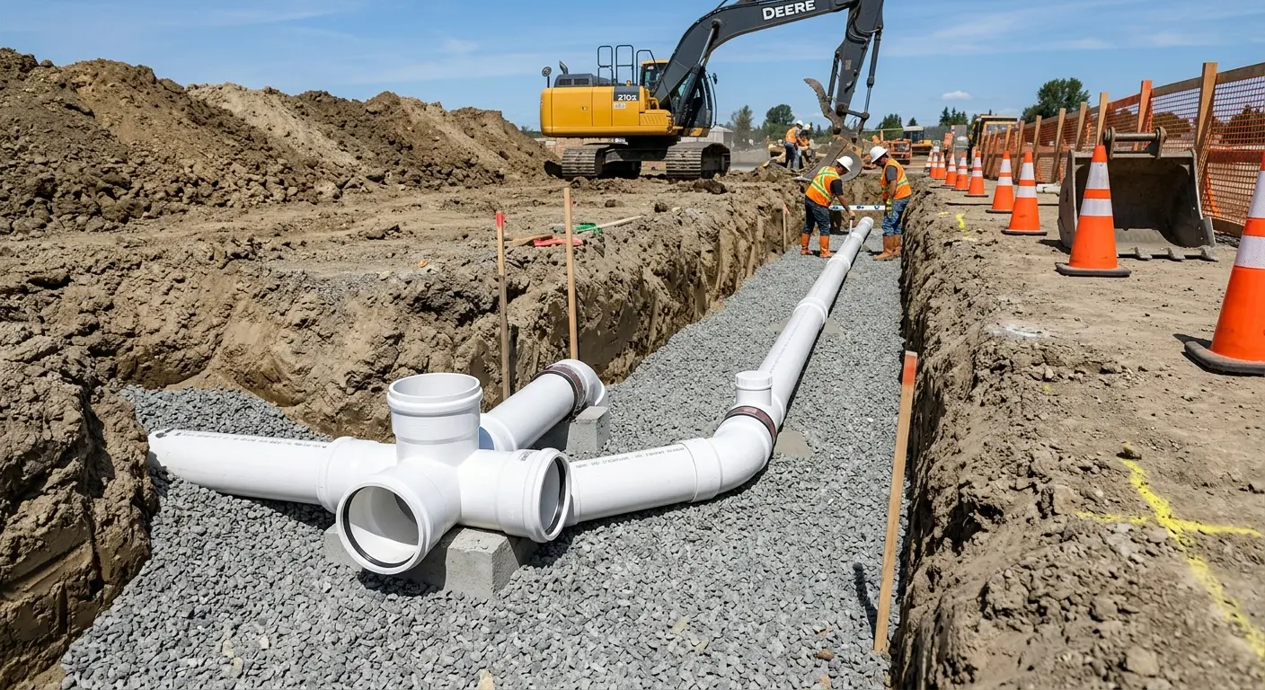 New PVC sewer pipe installation in open trench for Sewer Camera Inspection in McDonough