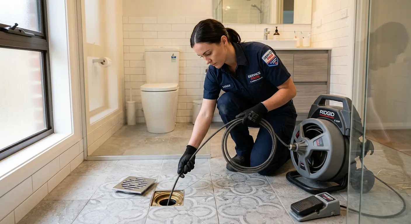 Technician clearing a bathroom floor drain for Drain Cleaning in McDonough